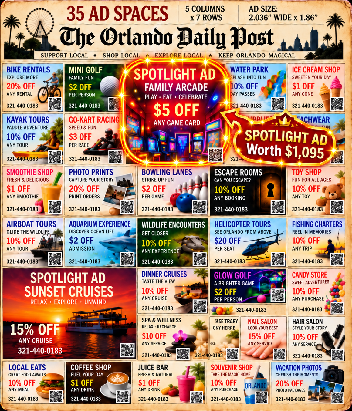The Orlando Daily Post back page showing 35 advertising spaces with the Spotlight Ad highlighted