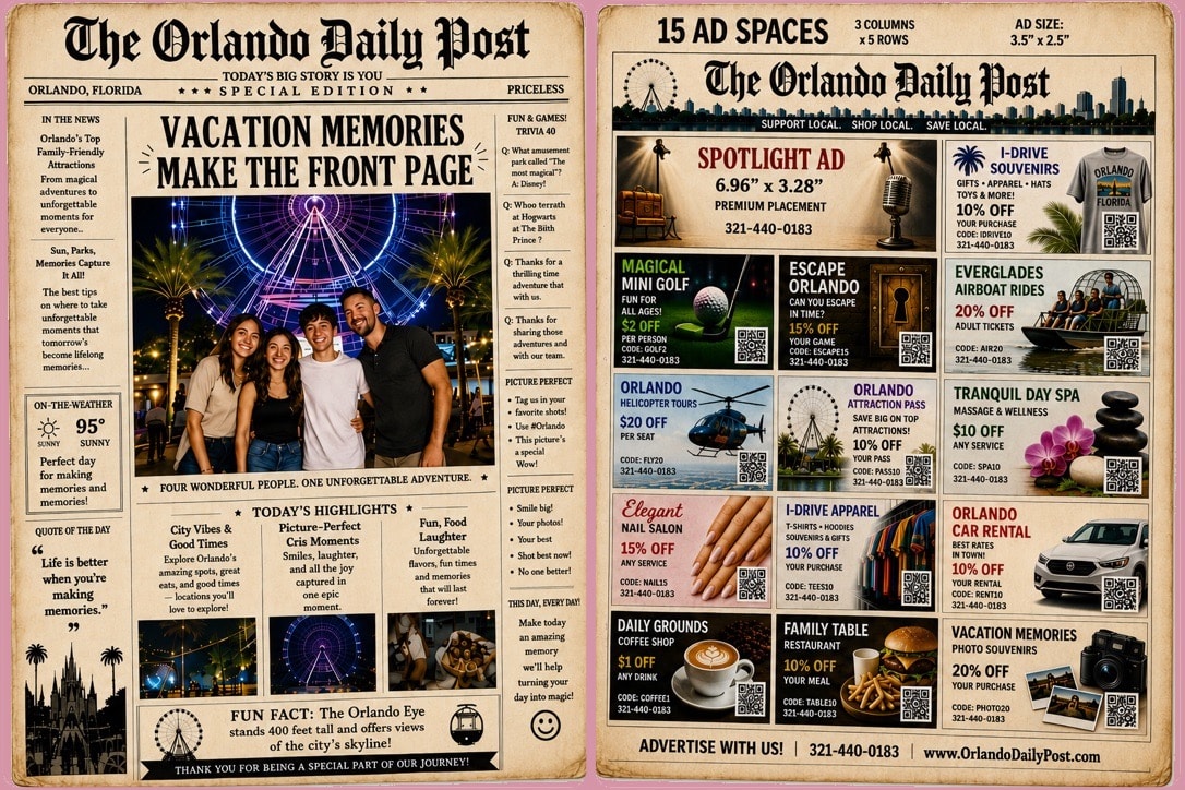 The Orlando Daily Post front and back newspaper example — personalized guest front page and advertiser back page